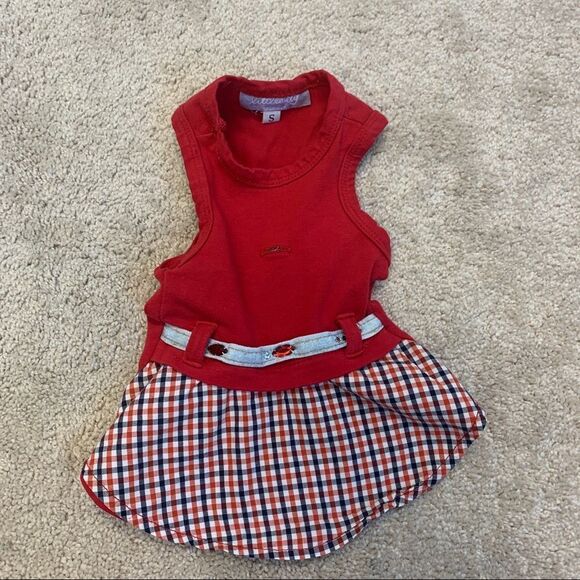 𝅺SMALL breed toy dog red dress plaid check Sz S - Picture 1 of 6